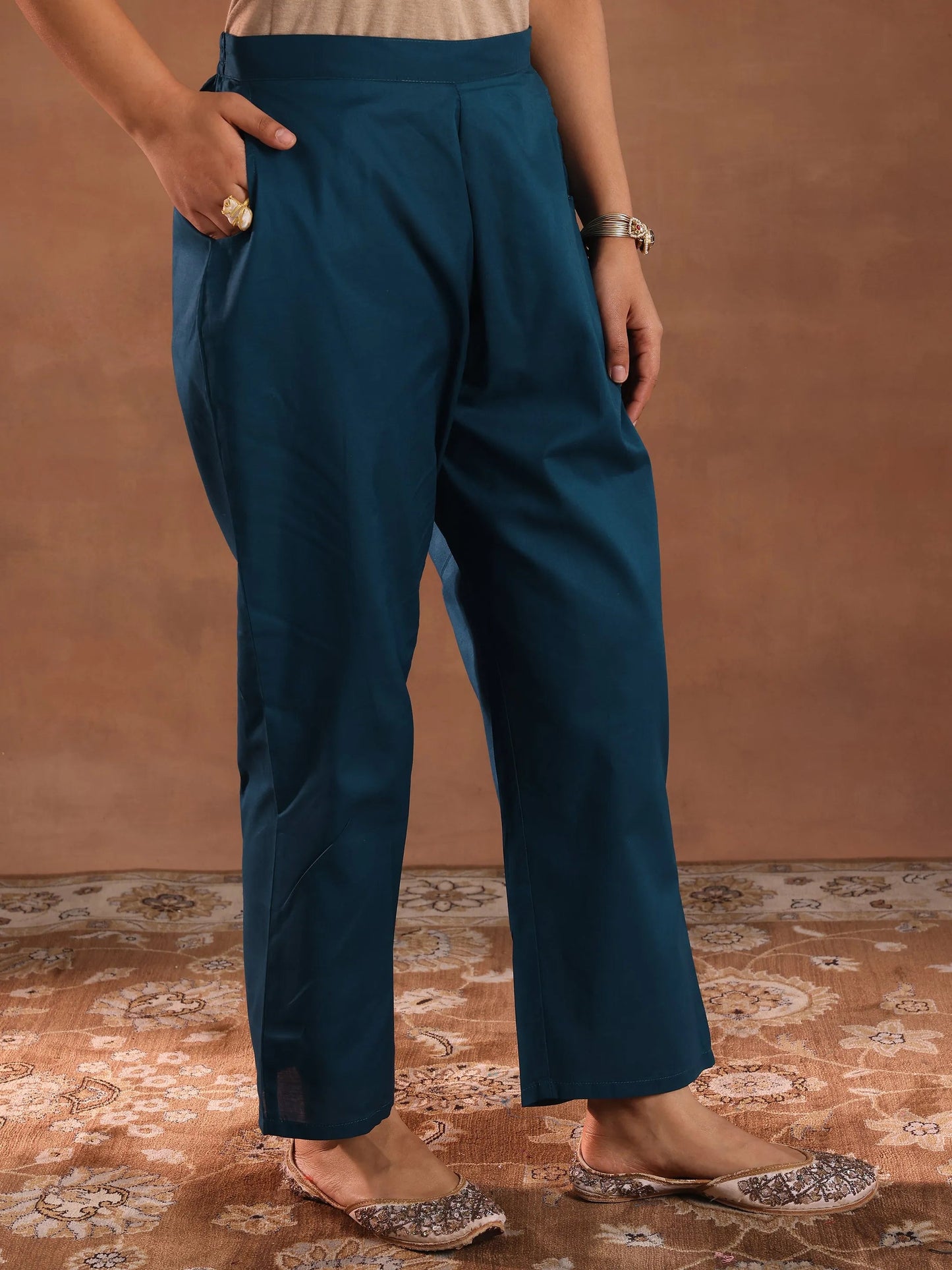 Libas Teal Woven Design Chanderi Silk Straight Suit With Dupatta