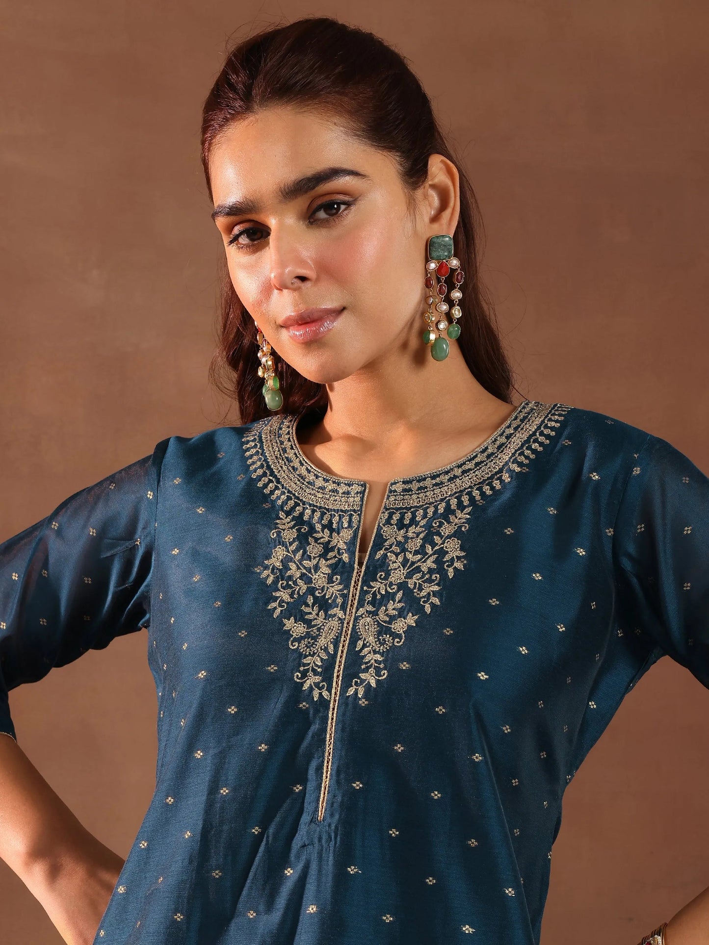 Libas Teal Woven Design Chanderi Silk Straight Suit With Dupatta