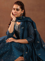 Libas Teal Woven Design Chanderi Silk Straight Suit With Dupatta