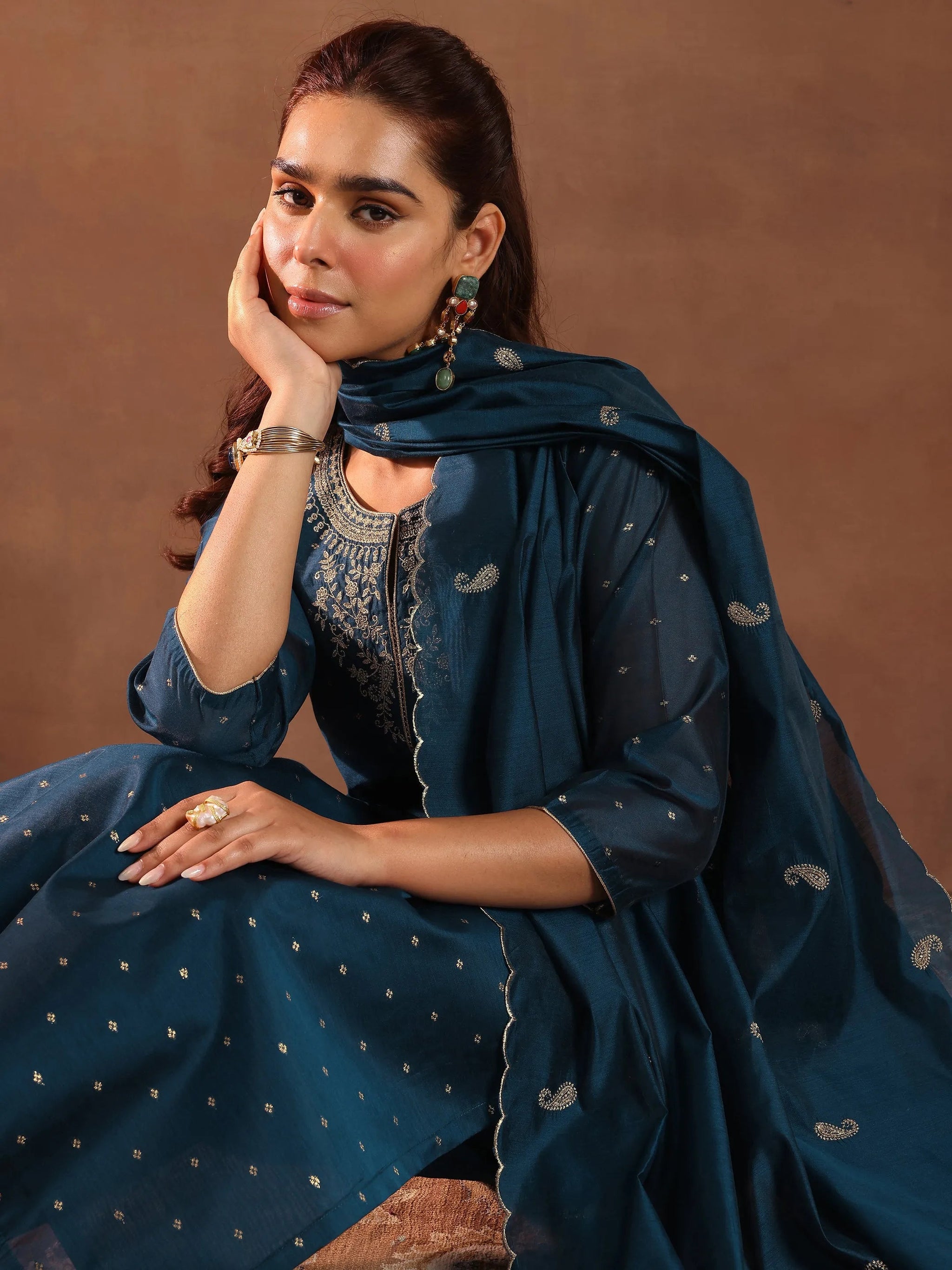 Libas Teal Woven Design Chanderi Silk Straight Suit With Dupatta
