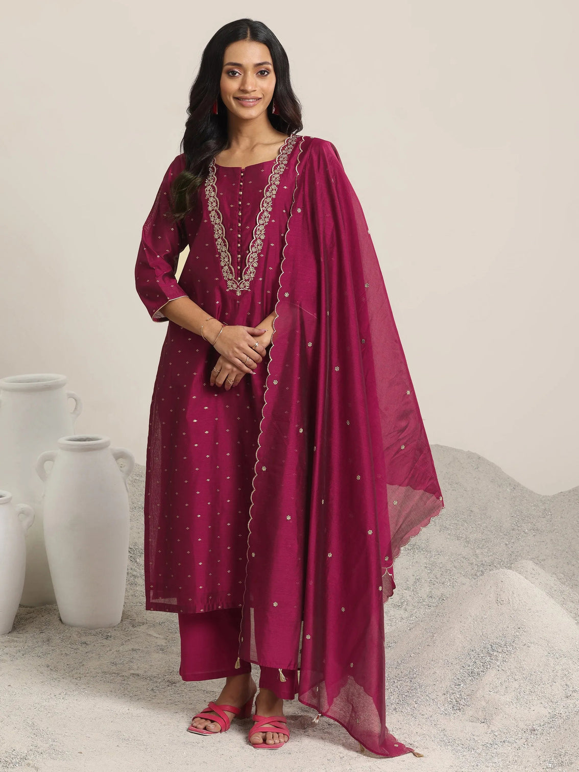 Mameraa Maroon Woven Design Chanderi Silk Straight Suit With Dupatta