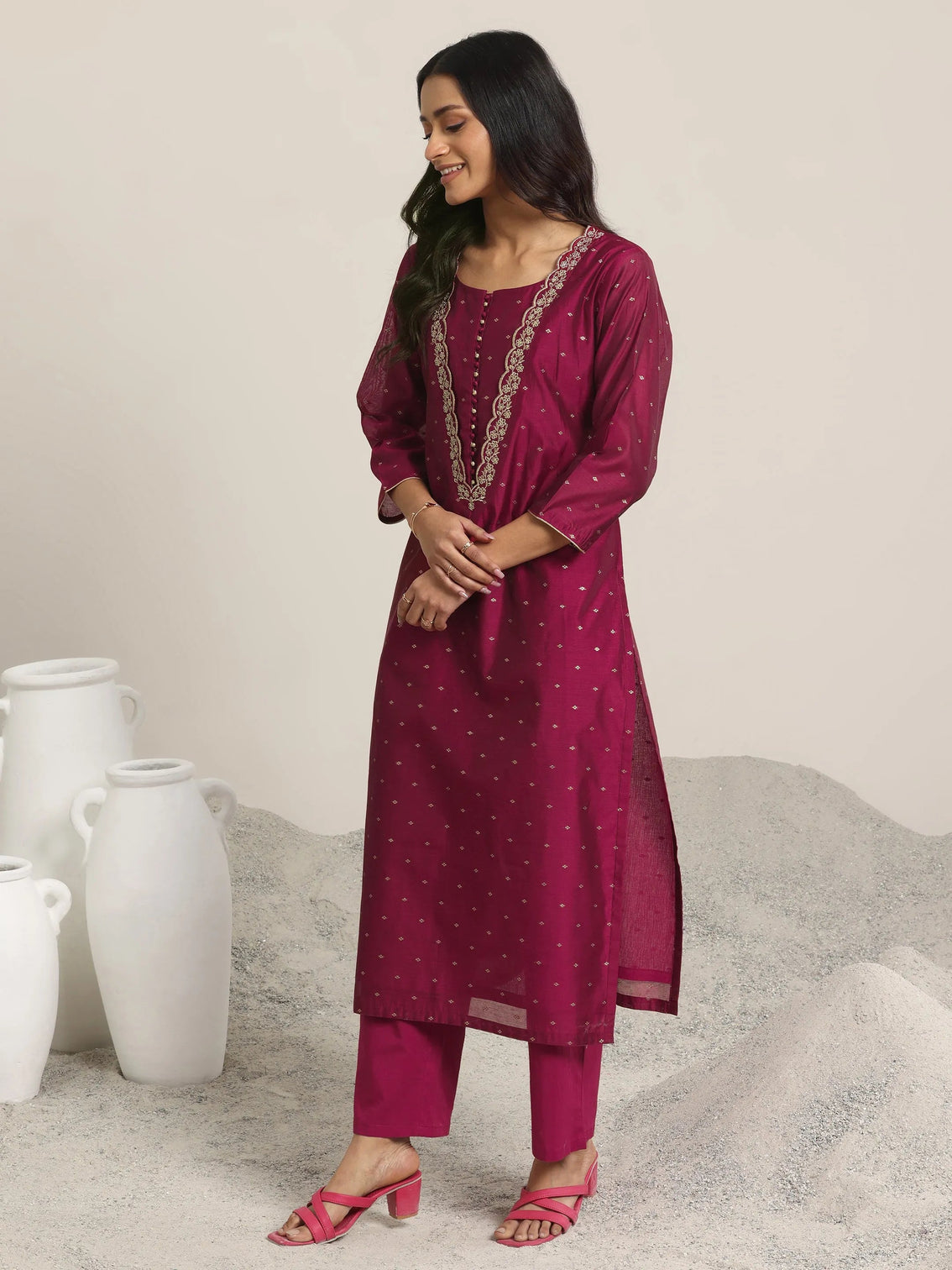 Mameraa Maroon Woven Design Chanderi Silk Straight Suit With Dupatta