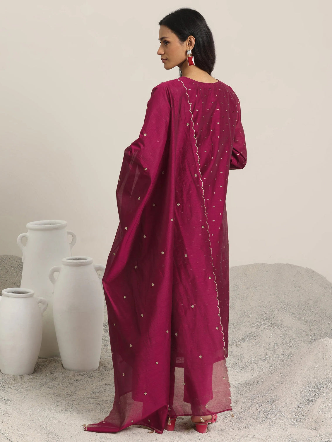 Mameraa Maroon Woven Design Chanderi Silk Straight Suit With Dupatta