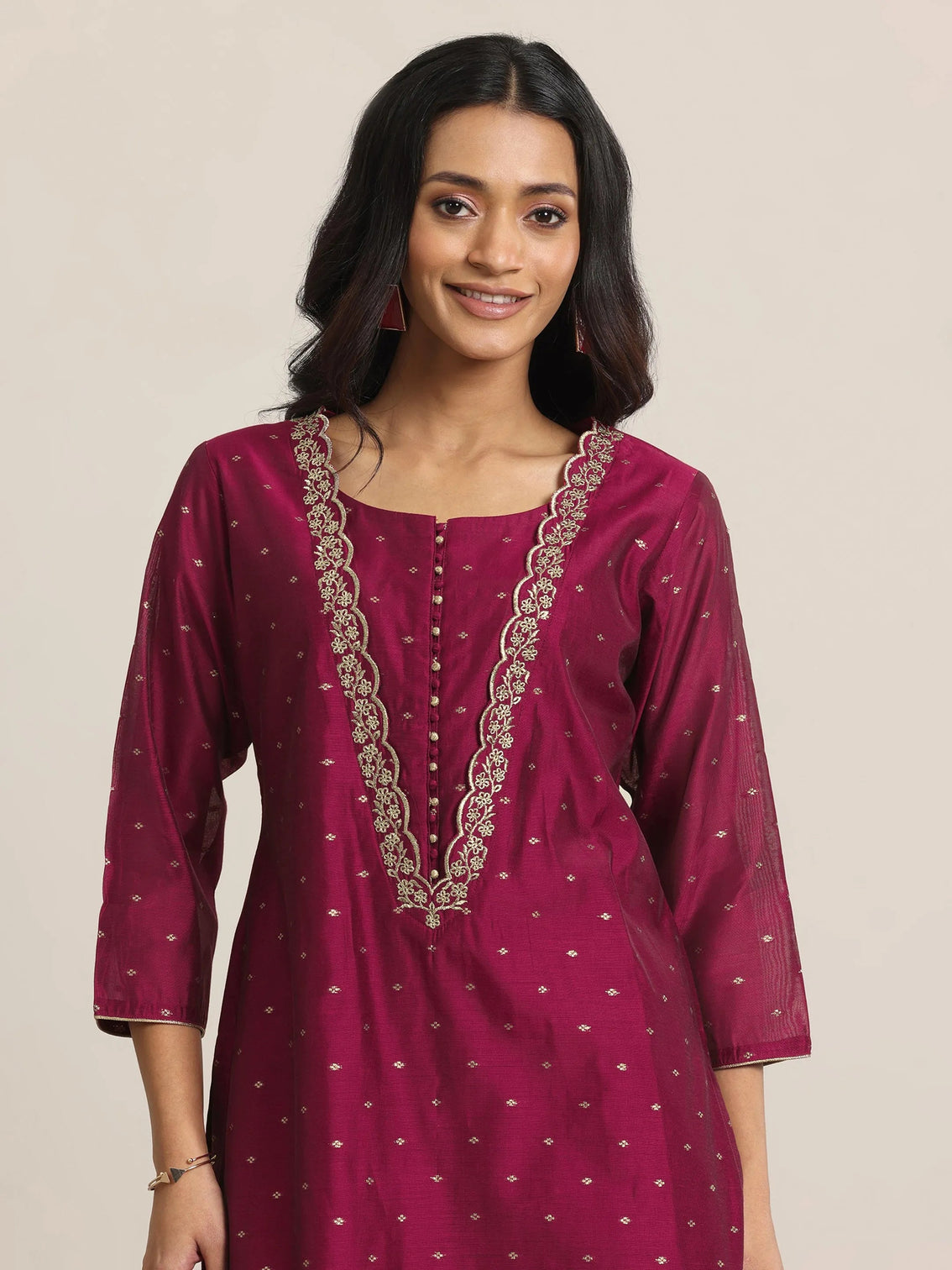 Mameraa Maroon Woven Design Chanderi Silk Straight Suit With Dupatta