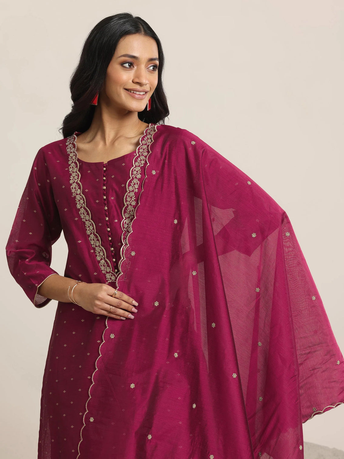 Mameraa Maroon Woven Design Chanderi Silk Straight Suit With Dupatta