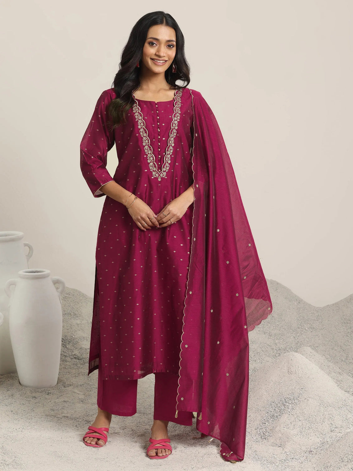 Mameraa Maroon Woven Design Chanderi Silk Straight Suit With Dupatta