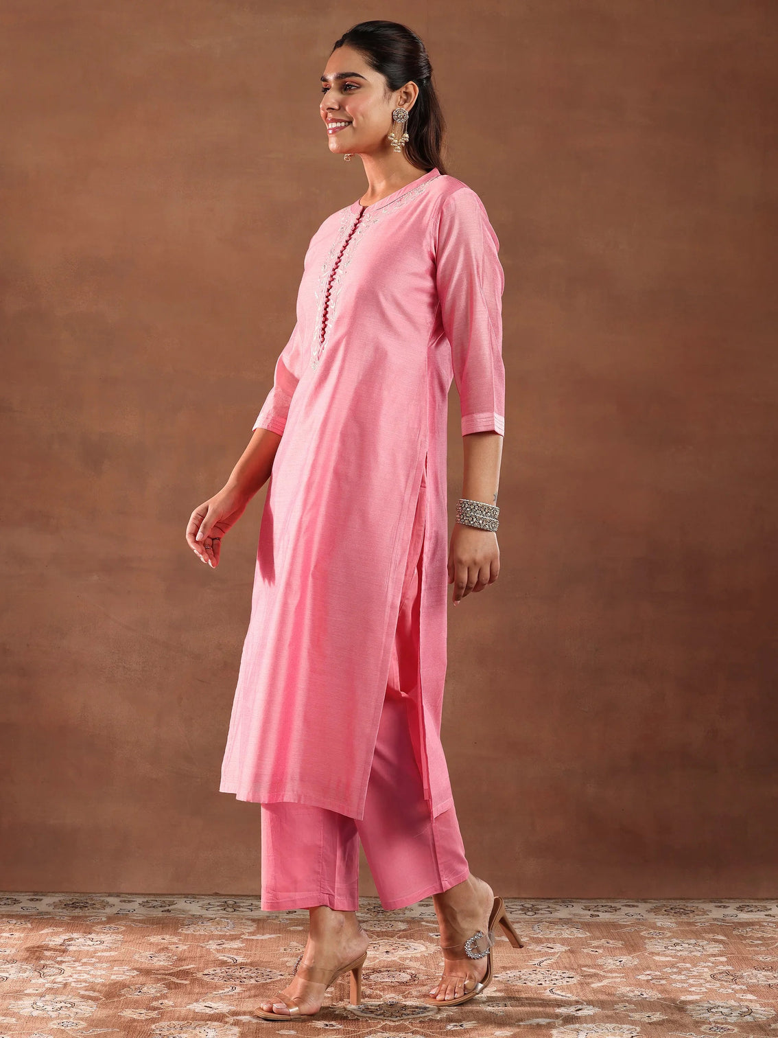 Mameraa Coral Yoke Design Chanderi Silk Straight Suit With Dupatta
