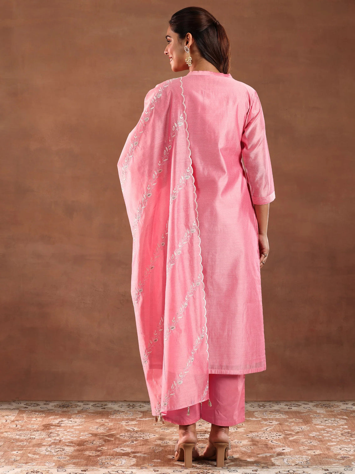 Mameraa Coral Yoke Design Chanderi Silk Straight Suit With Dupatta