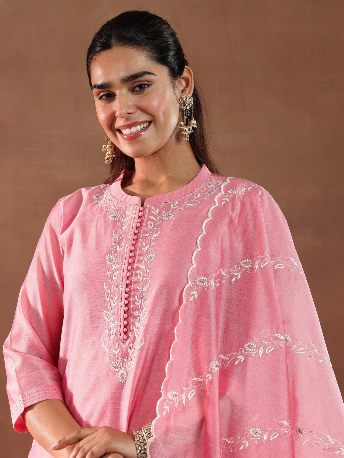 Mameraa Coral Yoke Design Chanderi Silk Straight Suit With Dupatta