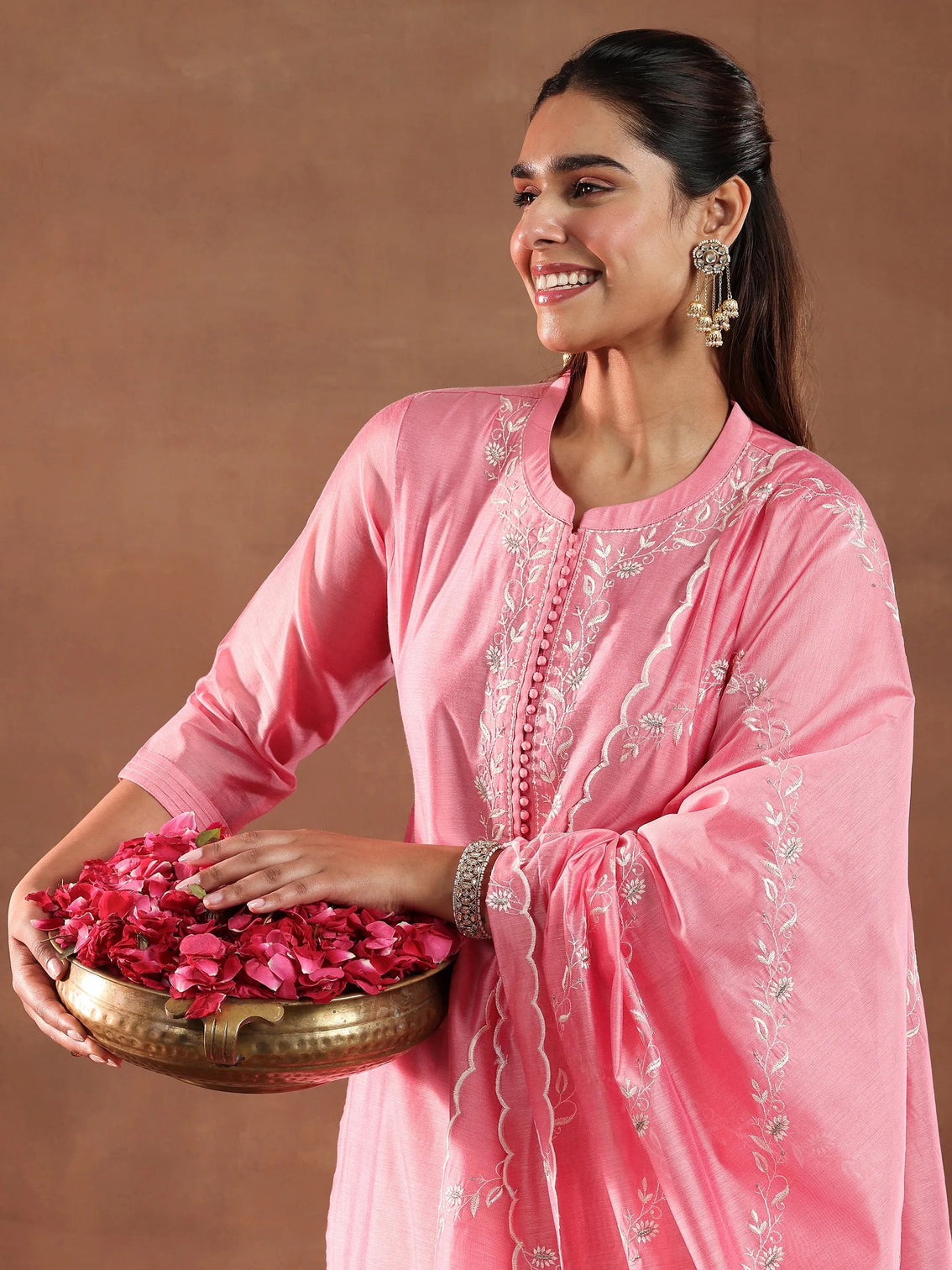 Mameraa Coral Yoke Design Chanderi Silk Straight Suit With Dupatta