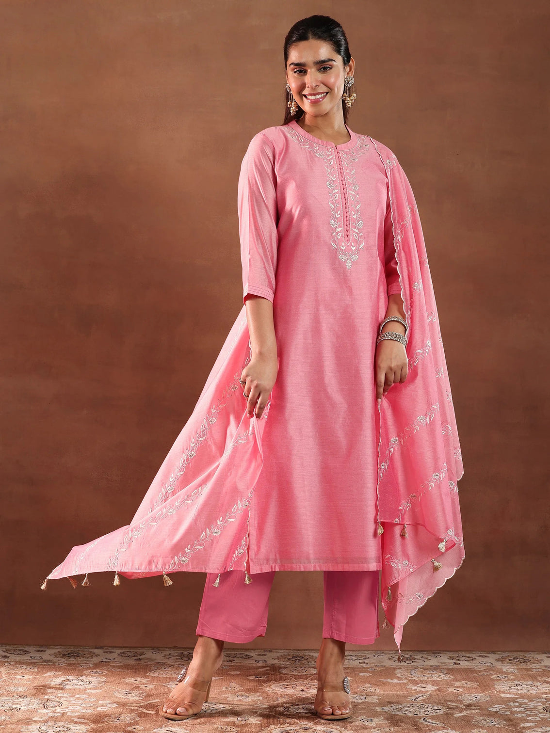 Mameraa Coral Yoke Design Chanderi Silk Straight Suit With Dupatta