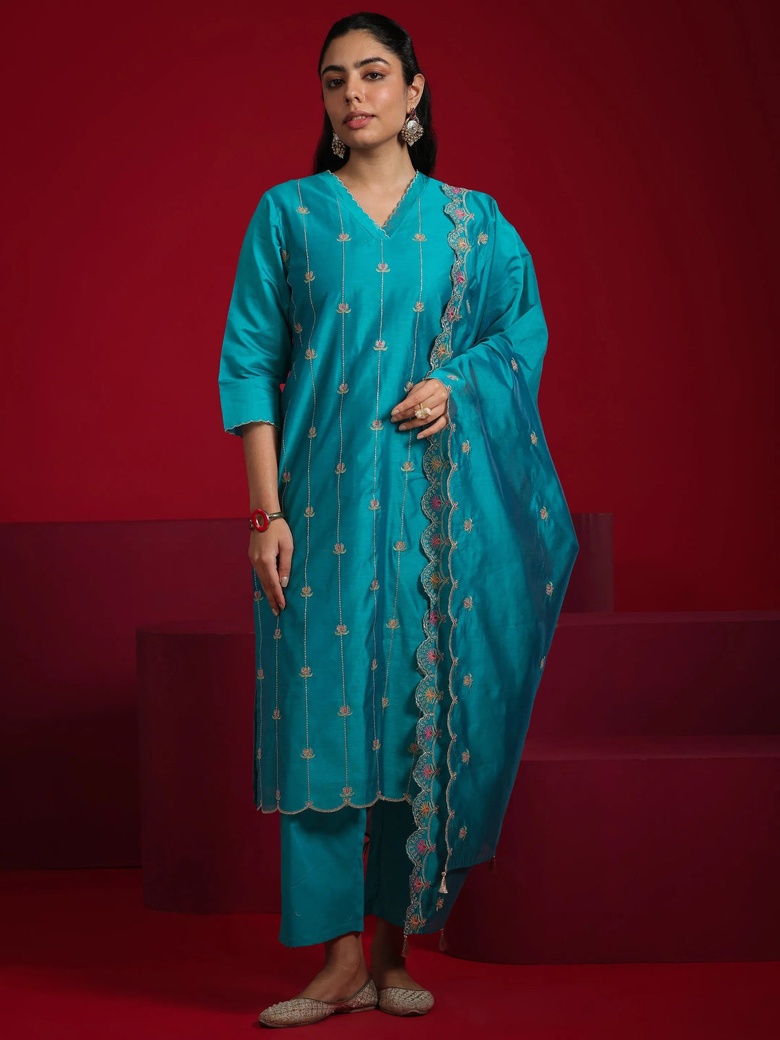 Mameraa Teal Embroidered Chanderi Silk Straight Suit With Dupatta