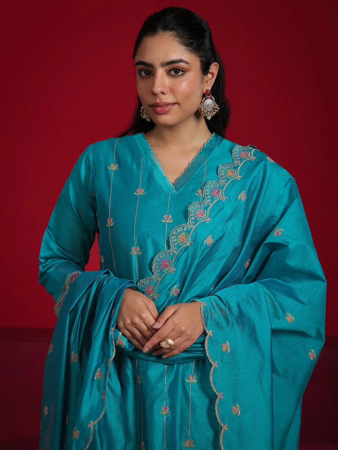 Mameraa Teal Embroidered Chanderi Silk Straight Suit With Dupatta