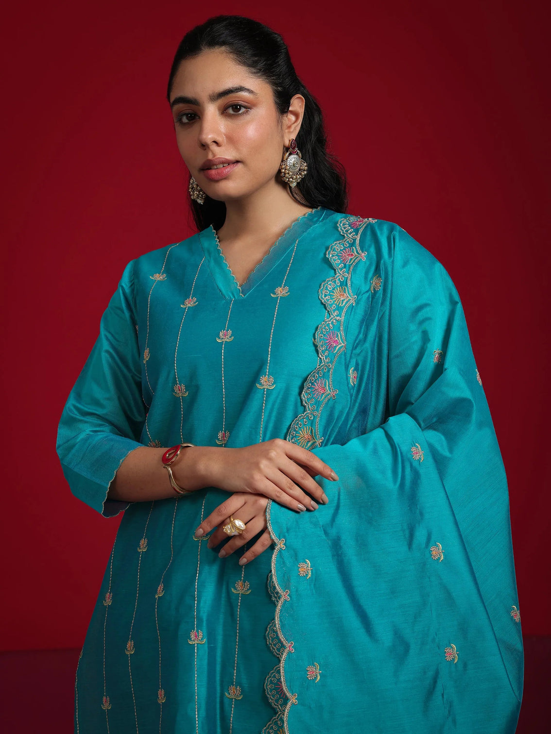 Mameraa Teal Embroidered Chanderi Silk Straight Suit With Dupatta