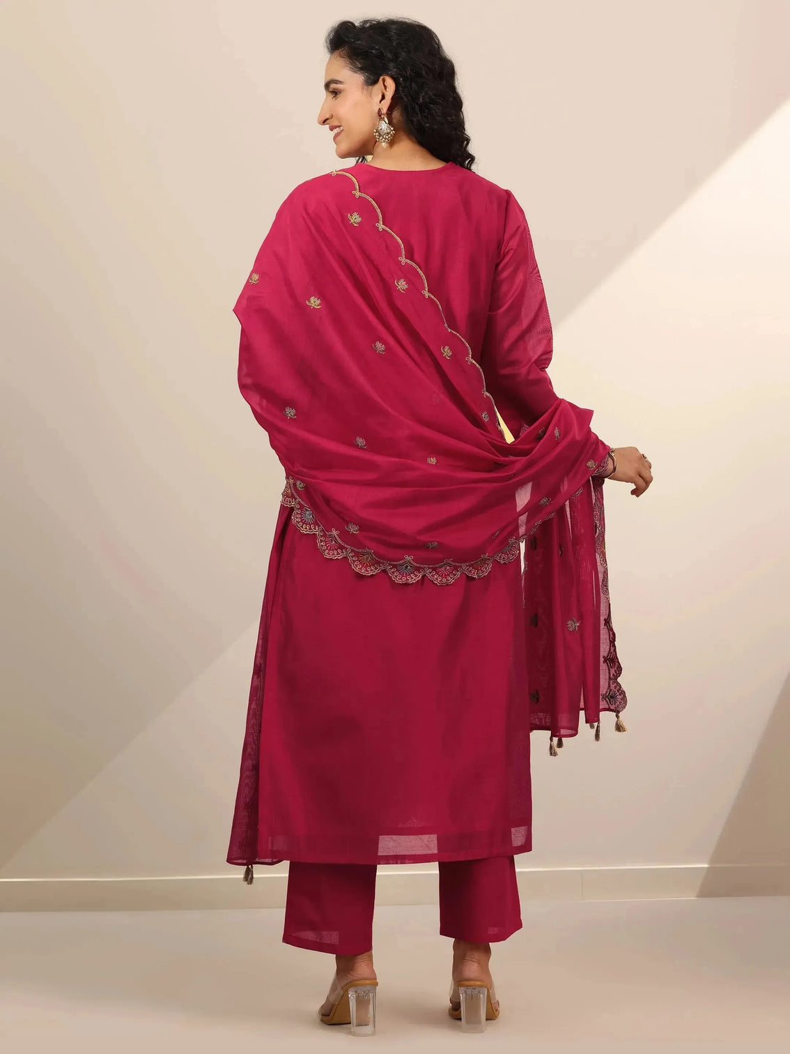 Mameraa Red Embroidered Chanderi Silk Straight Suit Set With Dupatta