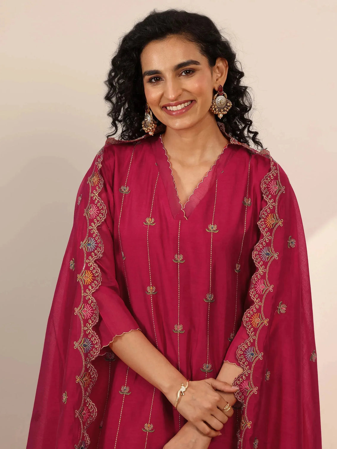 Mameraa Red Embroidered Chanderi Silk Straight Suit Set With Dupatta