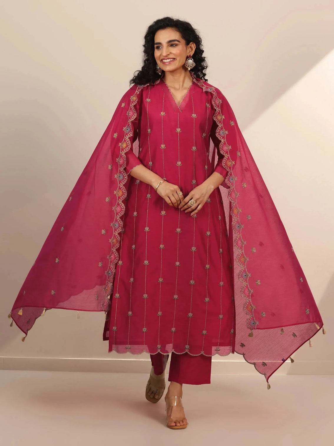 Mameraa Red Embroidered Chanderi Silk Straight Suit Set With Dupatta