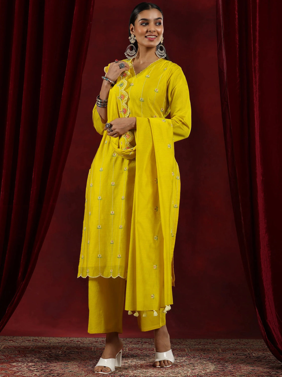 Mameraa Mustard Embroidered Chanderi Silk Straight Suit With Dupatta