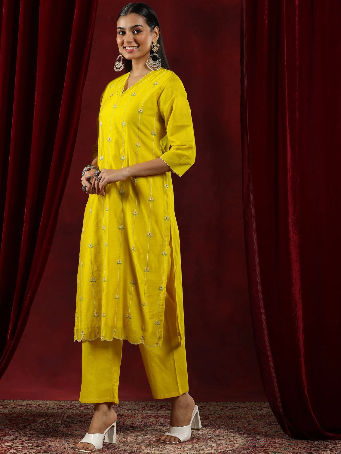Mameraa Mustard Embroidered Chanderi Silk Straight Suit With Dupatta
