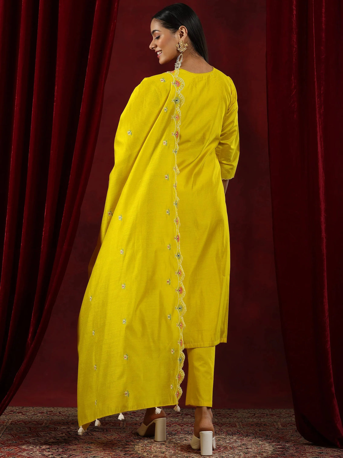 Mameraa Mustard Embroidered Chanderi Silk Straight Suit With Dupatta