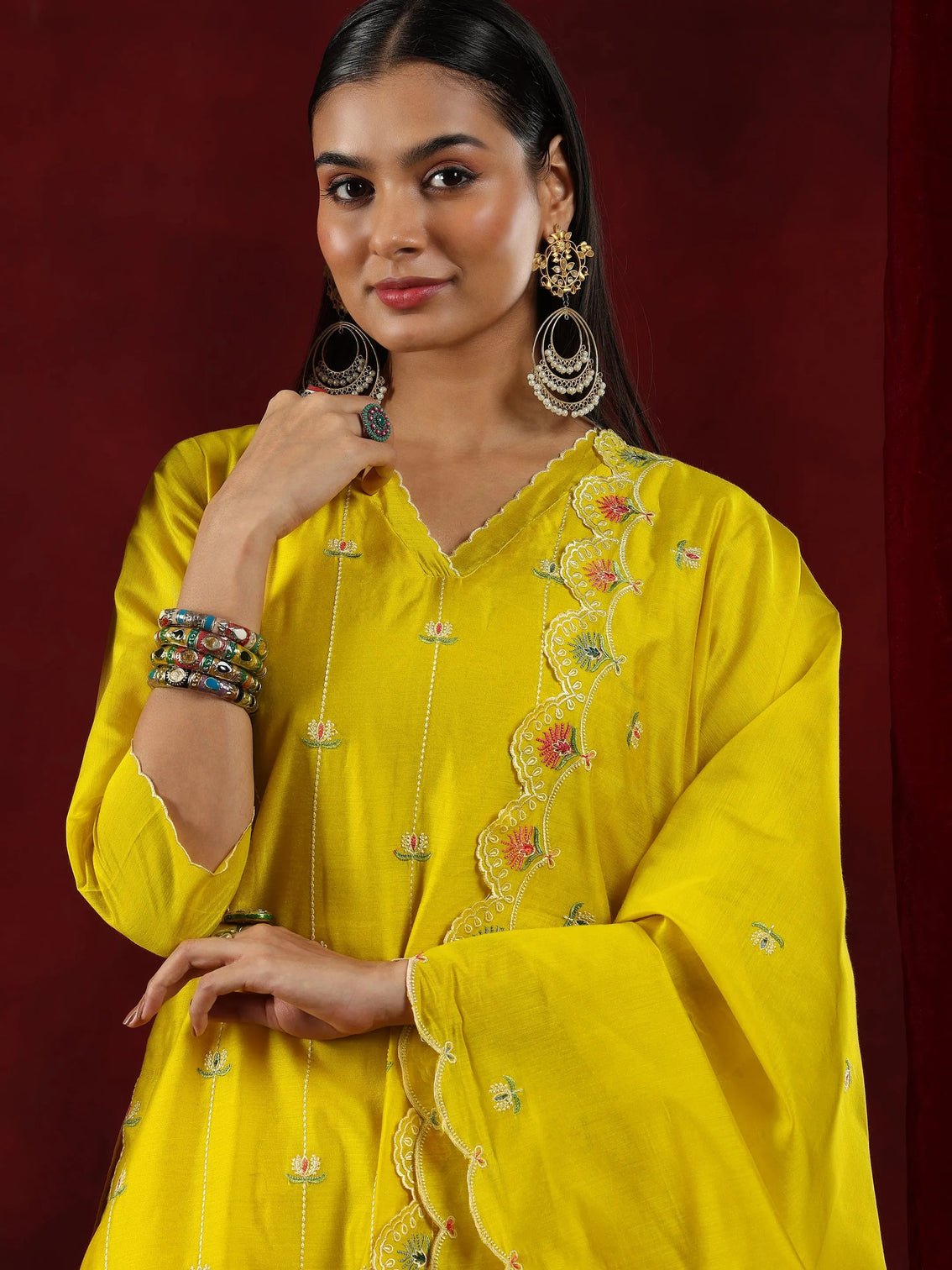 Mameraa Mustard Embroidered Chanderi Silk Straight Suit With Dupatta