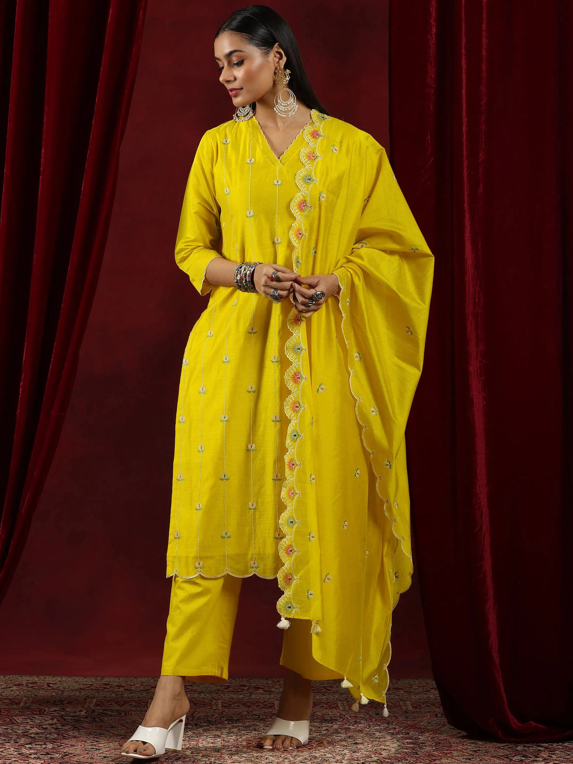 Mameraa Mustard Embroidered Chanderi Silk Straight Suit With Dupatta