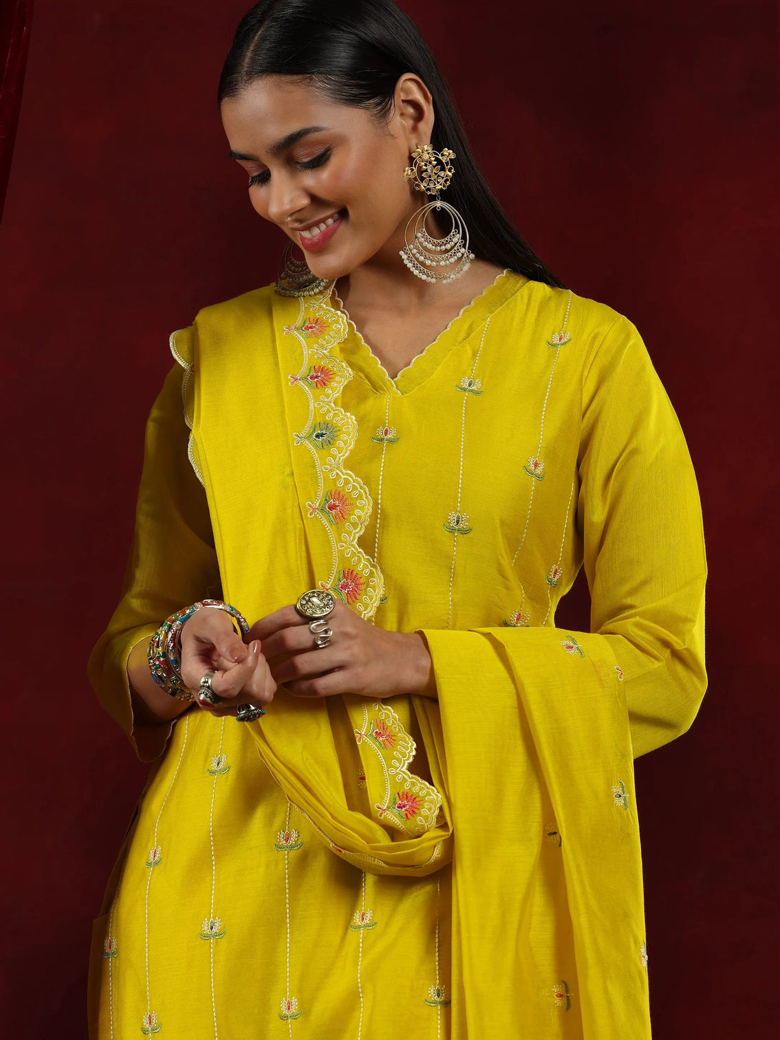Mameraa Mustard Embroidered Chanderi Silk Straight Suit With Dupatta