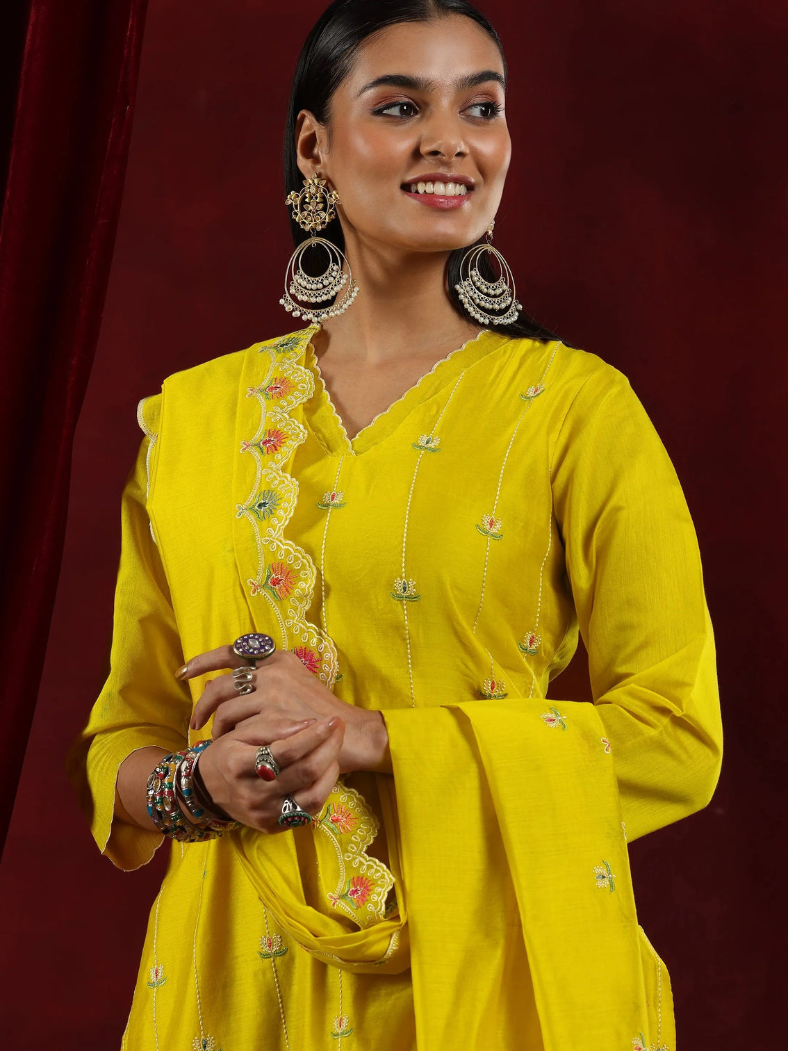 Mameraa Mustard Embroidered Chanderi Silk Straight Suit With Dupatta