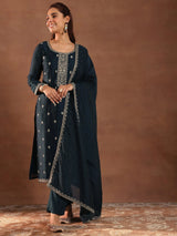 Libas Teal Embroidered Silk Blend Straight Suit With Dupatta