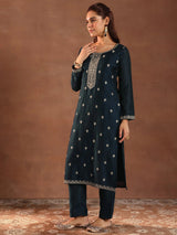 Libas Teal Embroidered Silk Blend Straight Suit With Dupatta