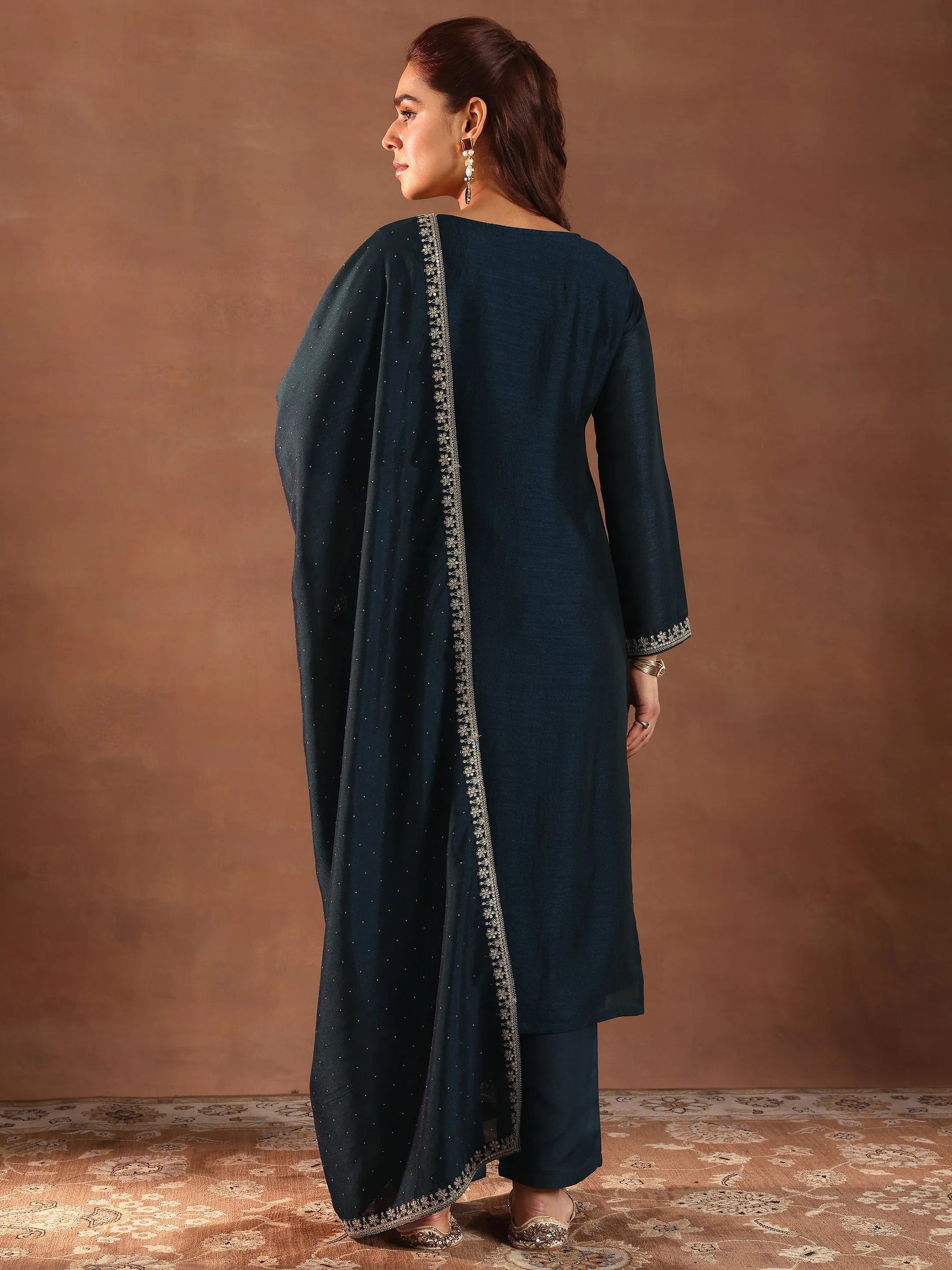 Libas Teal Embroidered Silk Blend Straight Suit With Dupatta