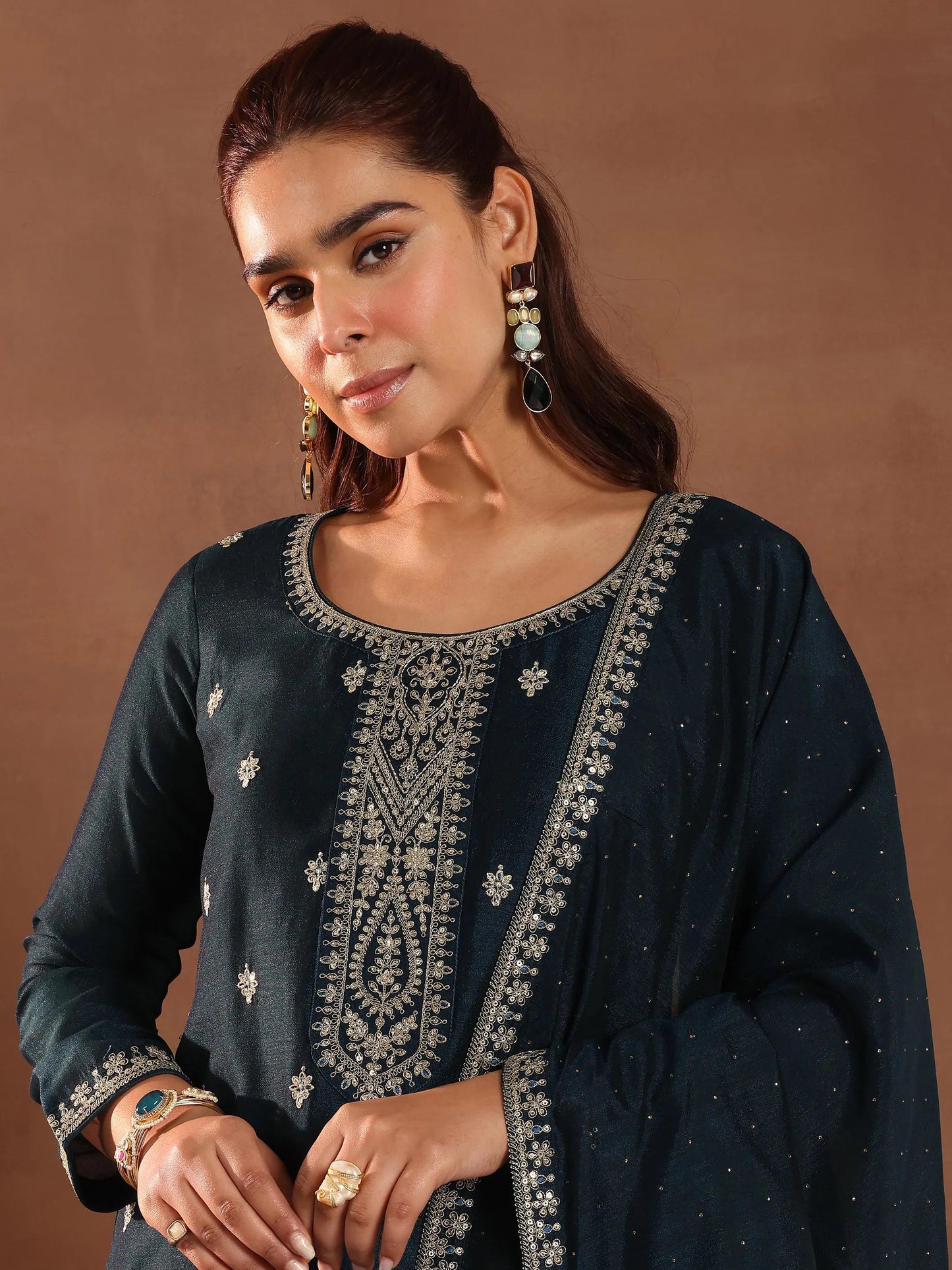 Libas Teal Embroidered Silk Blend Straight Suit With Dupatta