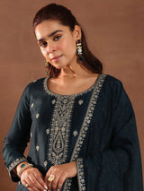 Libas Teal Embroidered Silk Blend Straight Suit With Dupatta