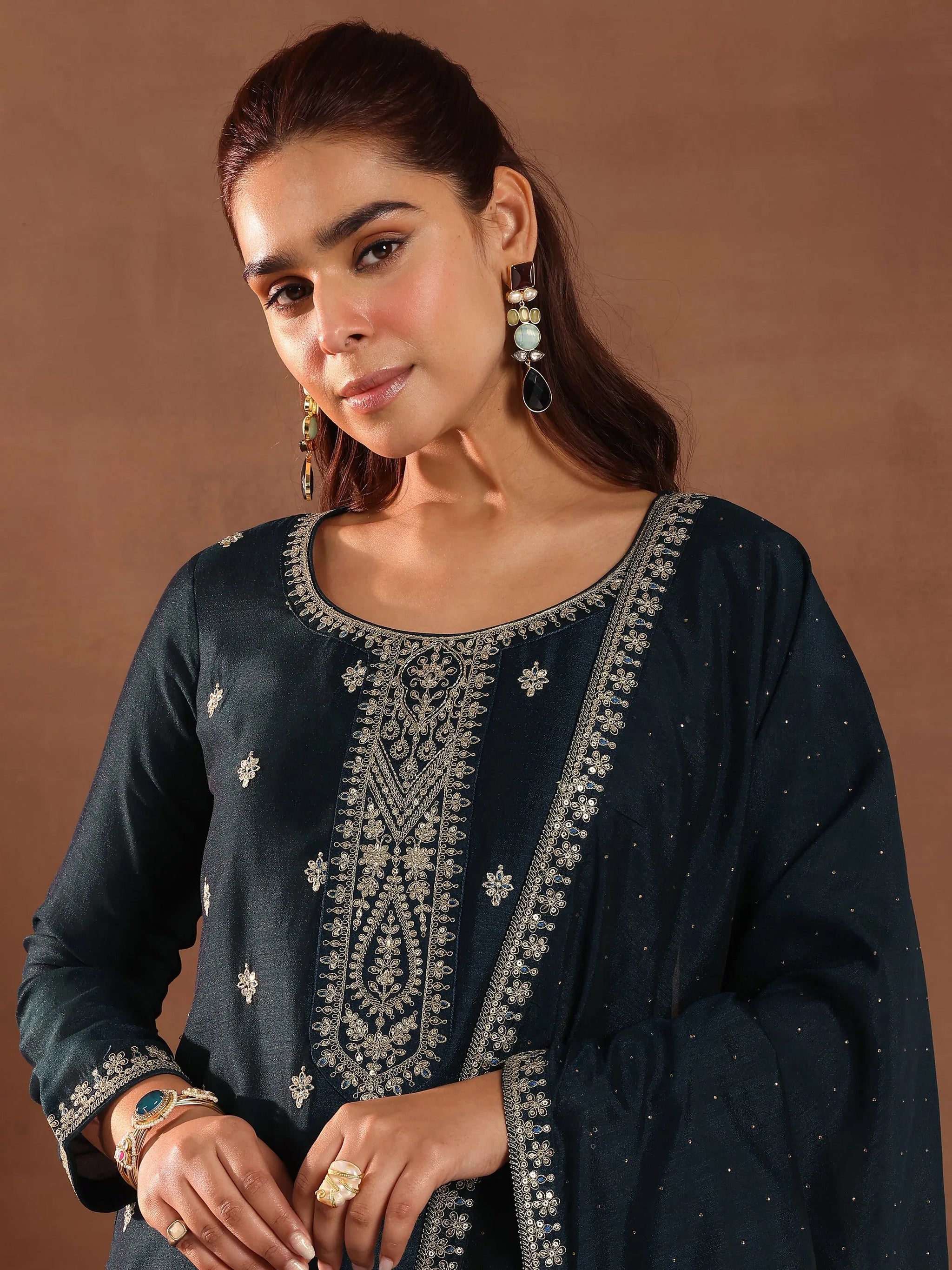 Libas Teal Embroidered Silk Blend Straight Suit With Dupatta