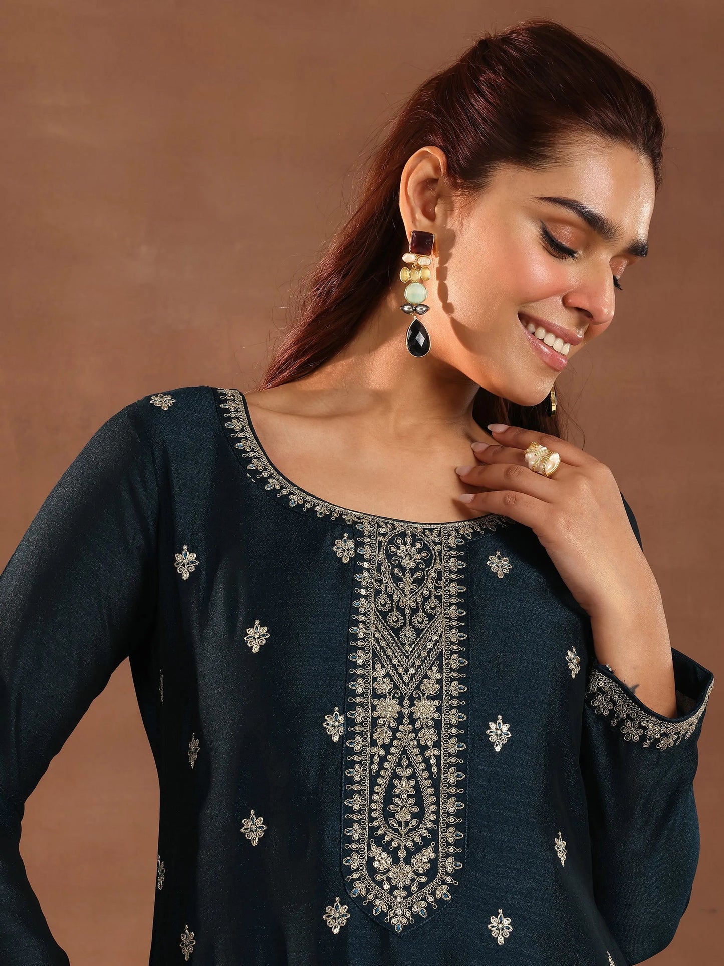 Libas Teal Embroidered Silk Blend Straight Suit With Dupatta