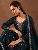 Libas Teal Embroidered Silk Blend Straight Suit With Dupatta