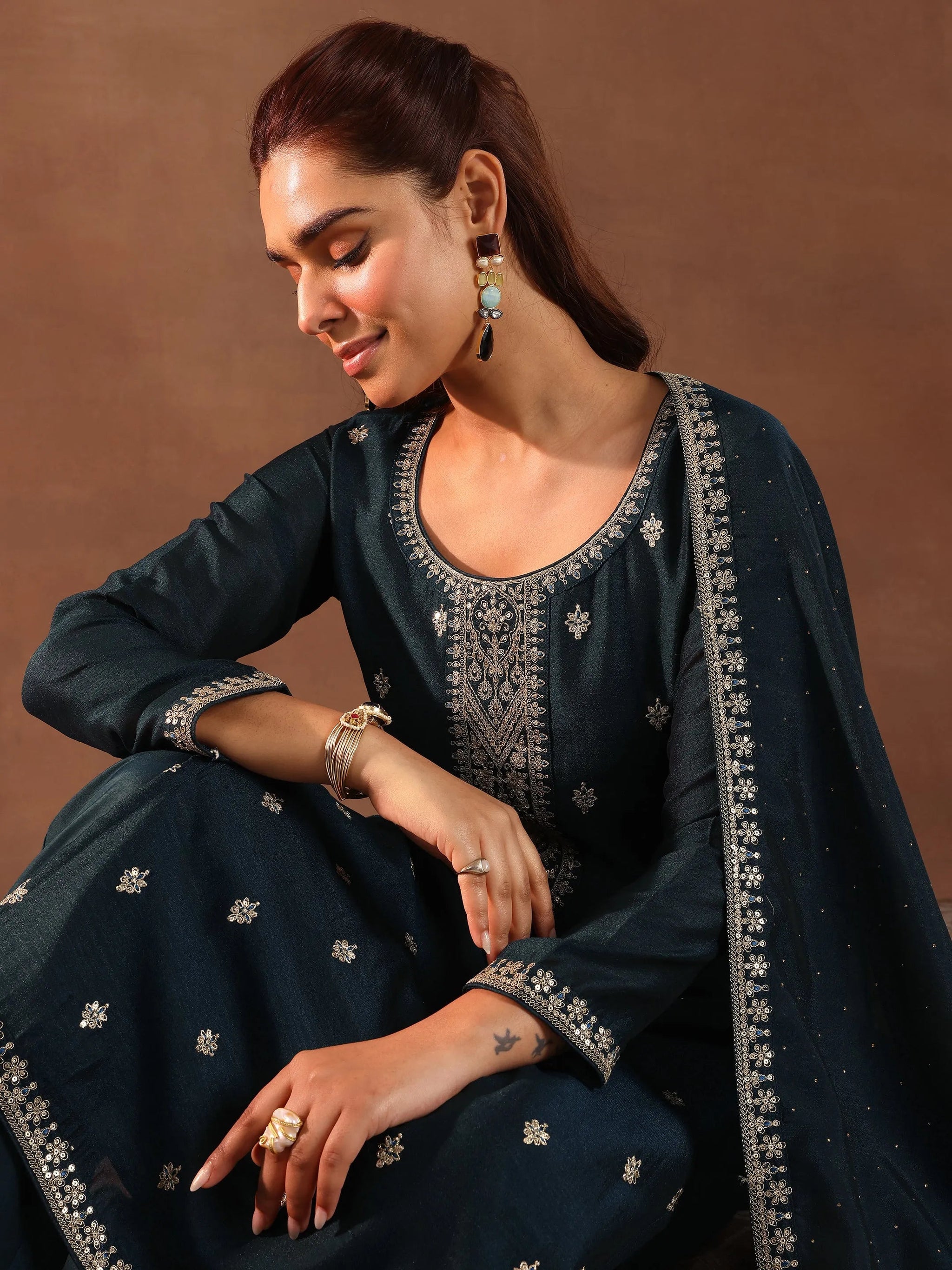 Libas Teal Embroidered Silk Blend Straight Suit With Dupatta