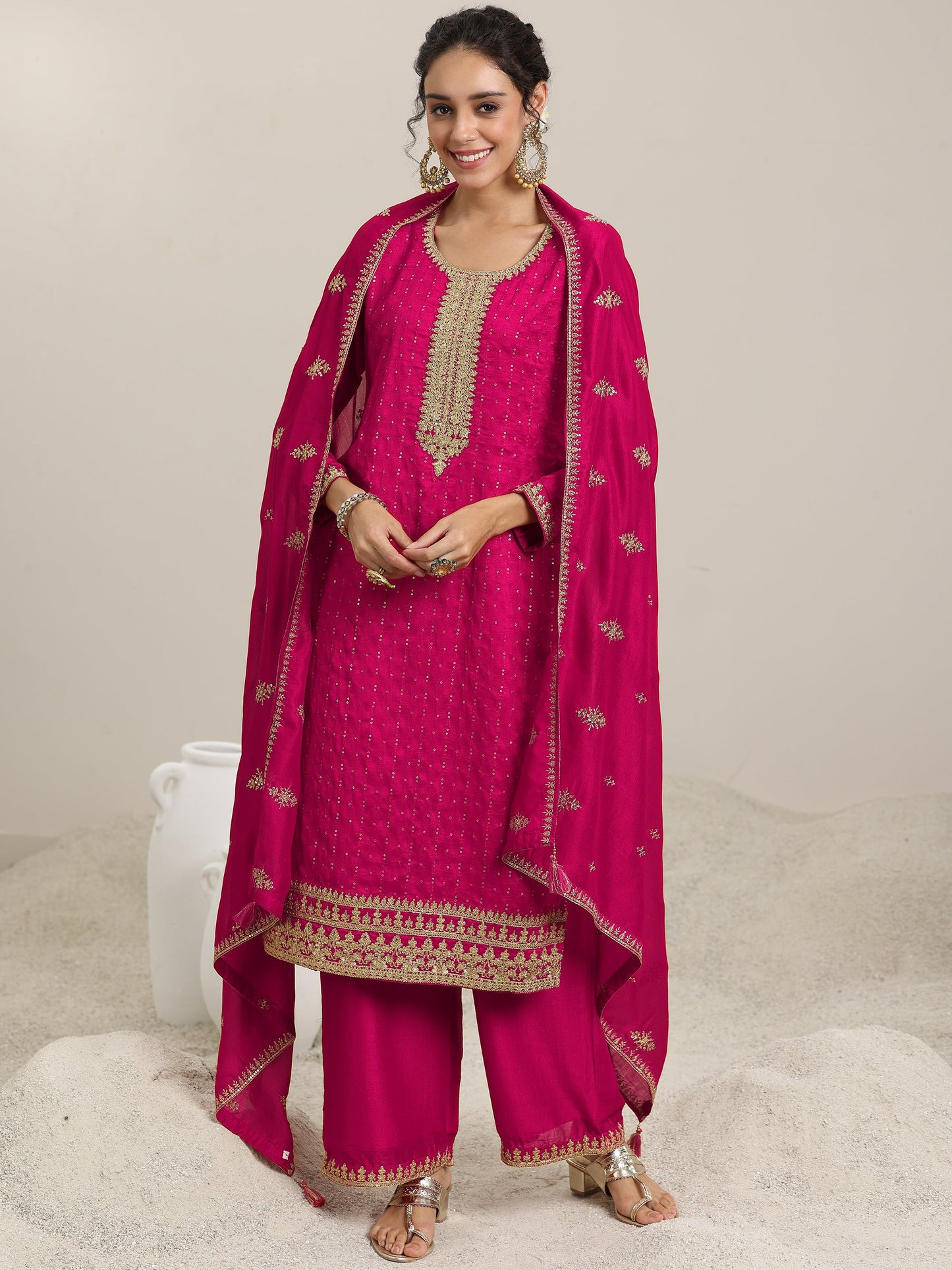 Libas Pink Embellished Silk Blend Straight Kurta With Palazzos & Dupatta