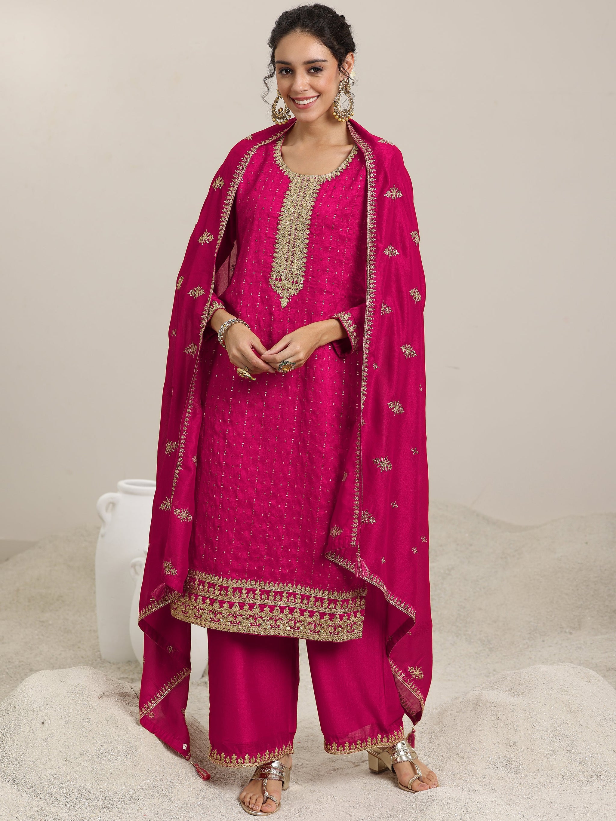 Libas Pink Embellished Silk Blend Straight Kurta With Palazzos & Dupatta
