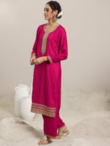 Libas Pink Embellished Silk Blend Straight Kurta With Palazzos & Dupatta