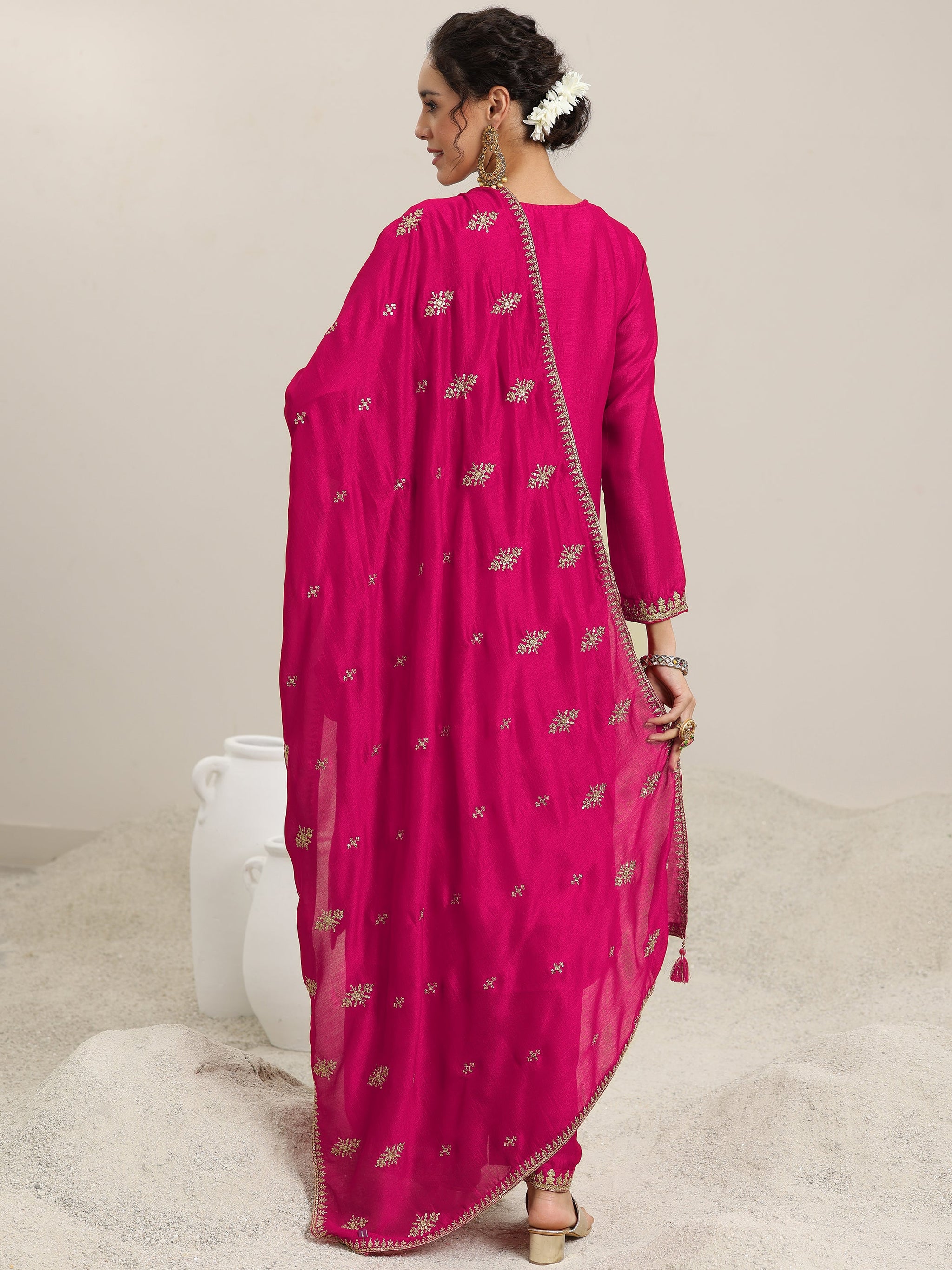 Libas Pink Embellished Silk Blend Straight Kurta With Palazzos & Dupatta