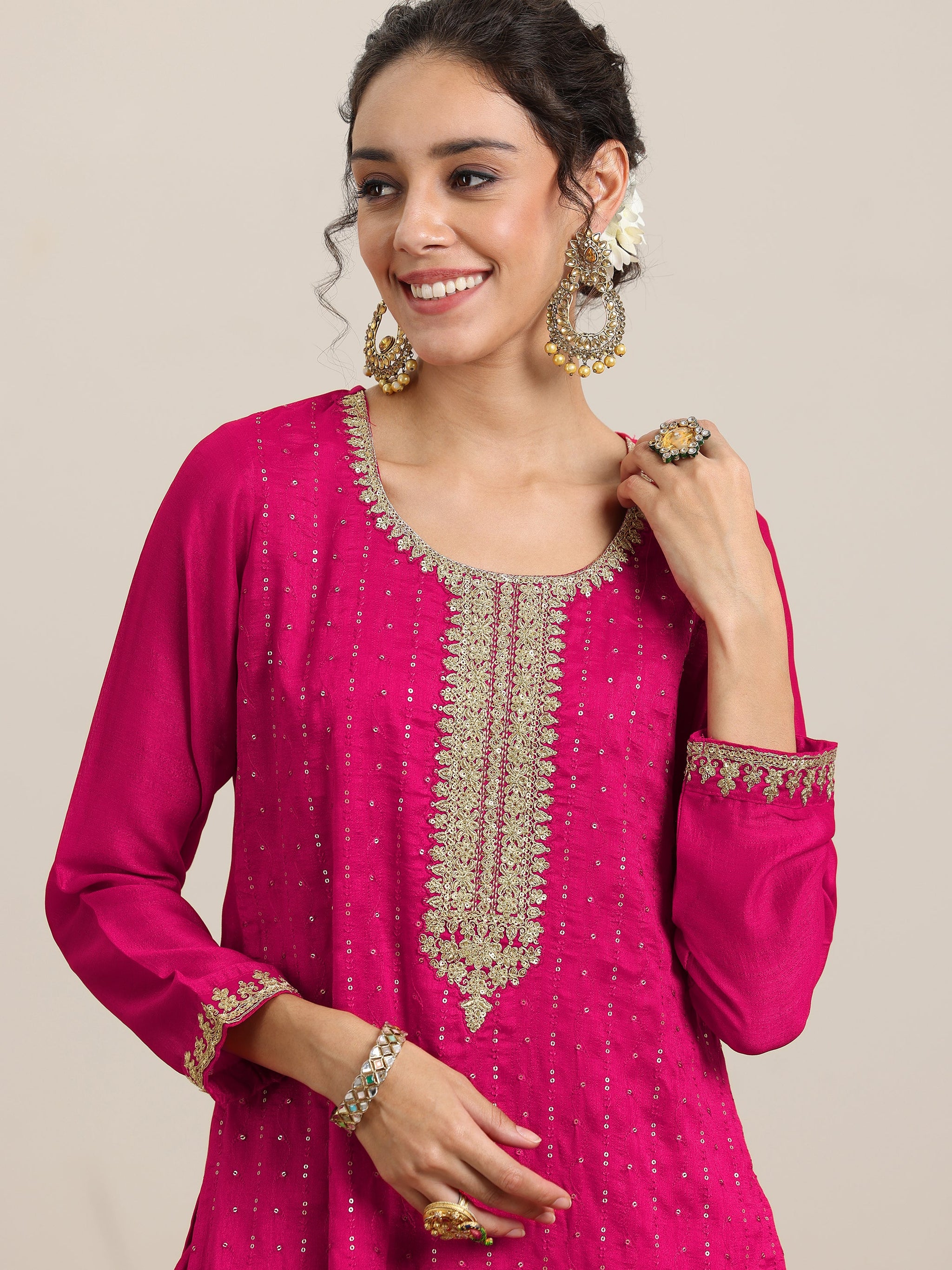 Libas Pink Embellished Silk Blend Straight Kurta With Palazzos & Dupatta