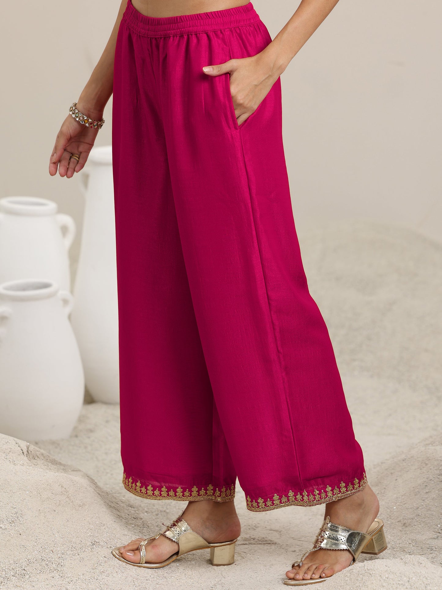 Libas Pink Embellished Silk Blend Straight Kurta With Palazzos & Dupatta