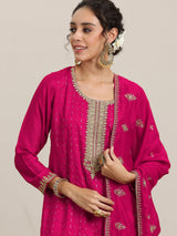 Libas Pink Embellished Silk Blend Straight Kurta With Palazzos & Dupatta