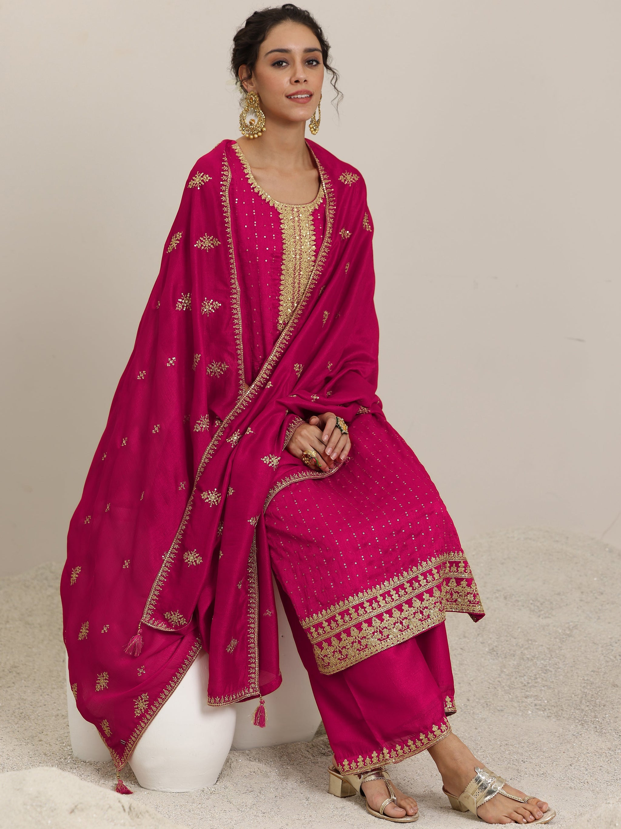 Libas Pink Embellished Silk Blend Straight Kurta With Palazzos & Dupatta