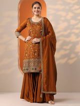 Libas Rust Embroidered Silk Blend Straight Suit Set With Dupatta