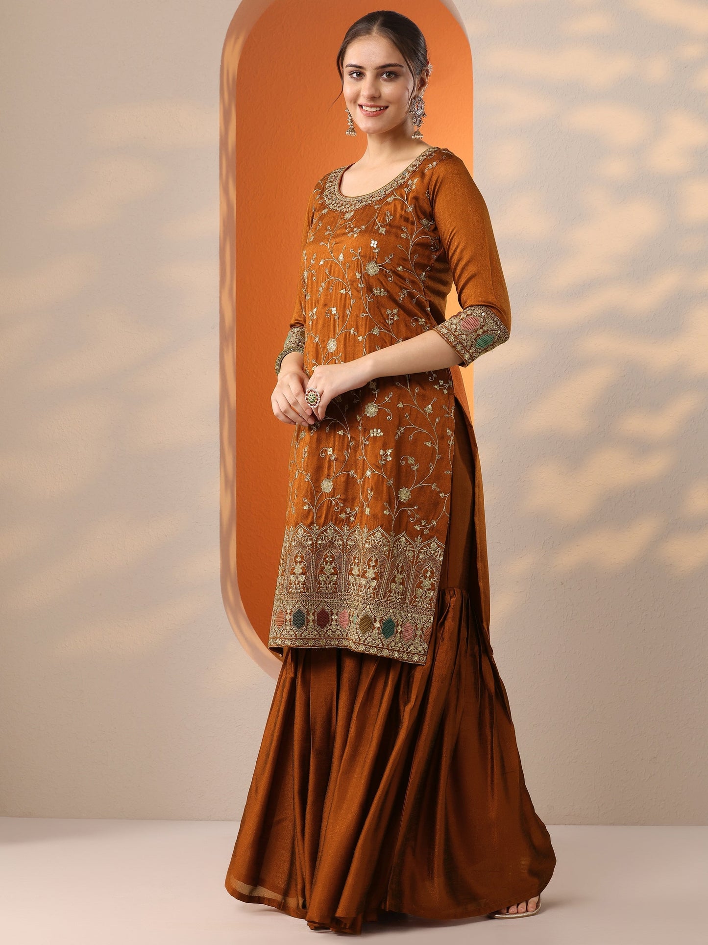 Libas Rust Embroidered Silk Blend Straight Suit Set With Dupatta