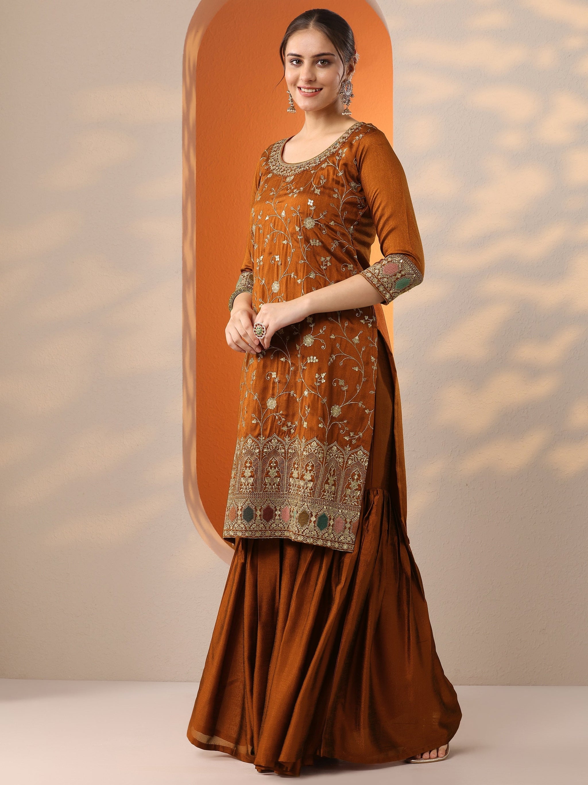 Libas Rust Embroidered Silk Blend Straight Suit Set With Dupatta