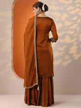Libas Rust Embroidered Silk Blend Straight Suit Set With Dupatta