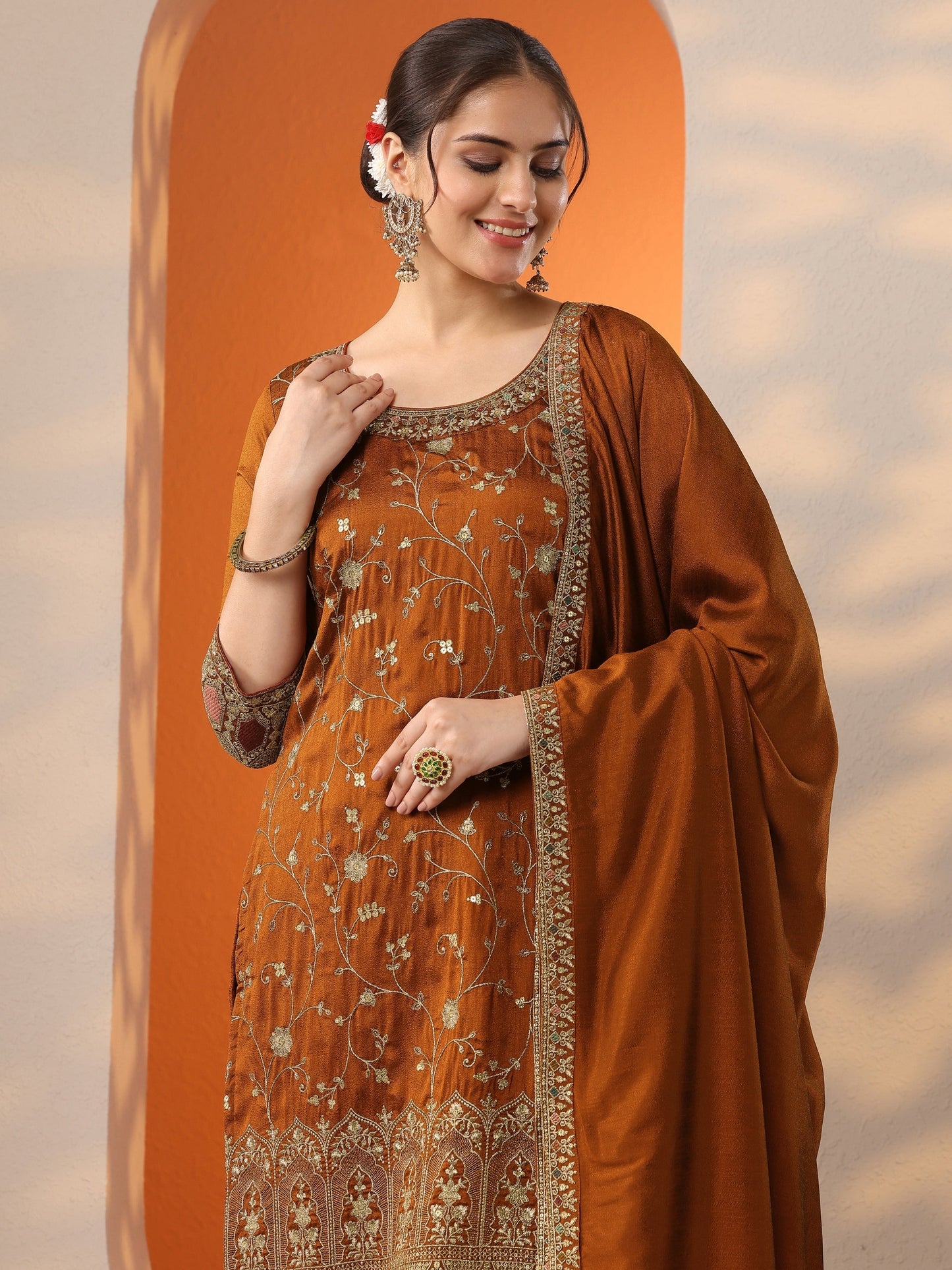 Libas Rust Embroidered Silk Blend Straight Suit Set With Dupatta